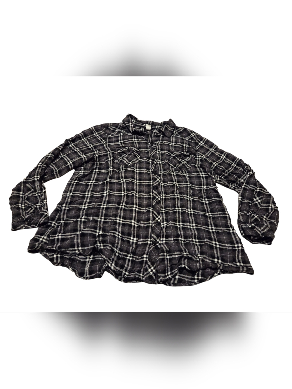 Women’s 1X Torrid Black/White/Gray Plaid Challis Camp Button Down Shirt